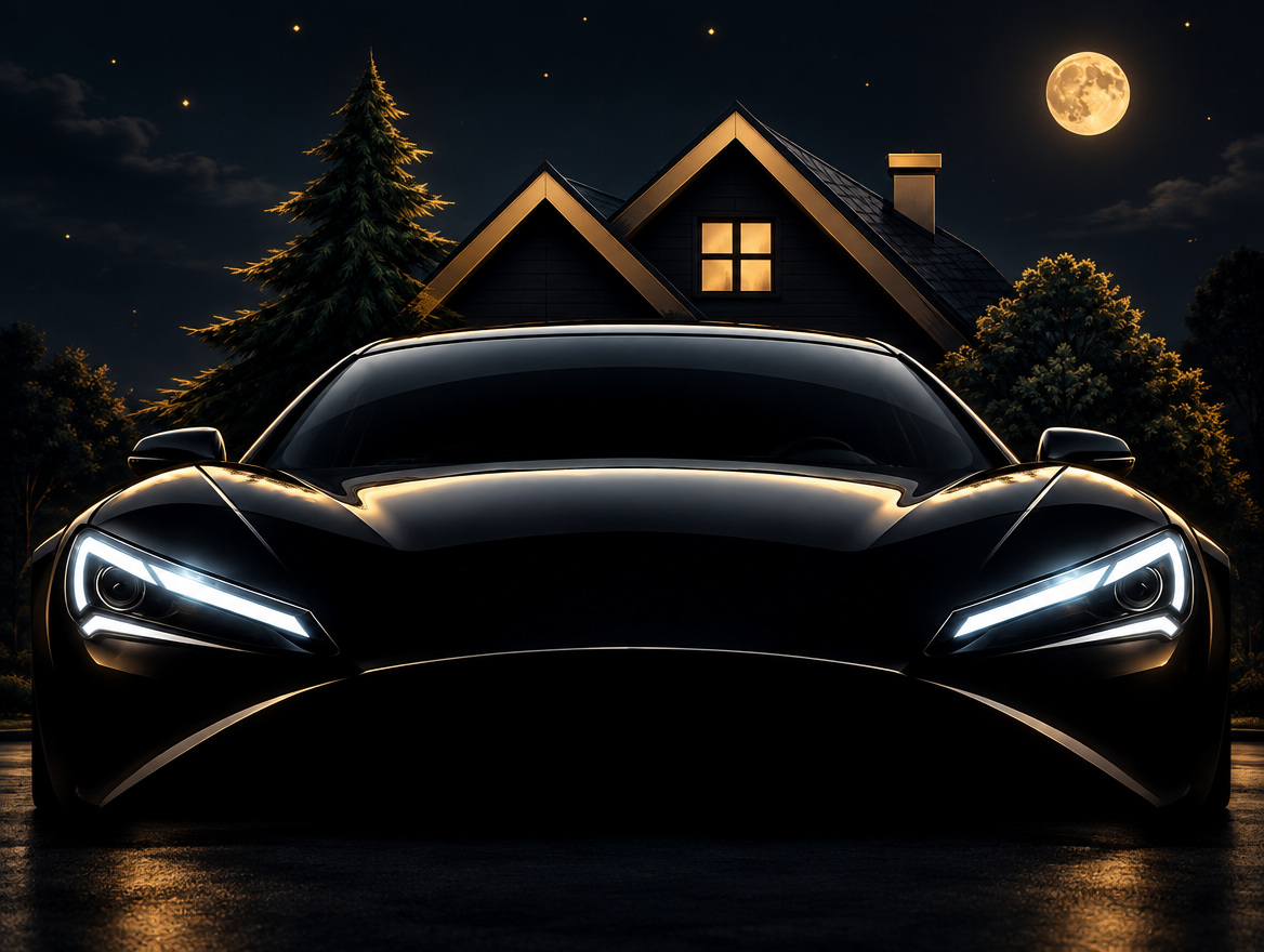 Voiture Lustre Auto sous un ciel nocturne avec lune et étoiles dorées